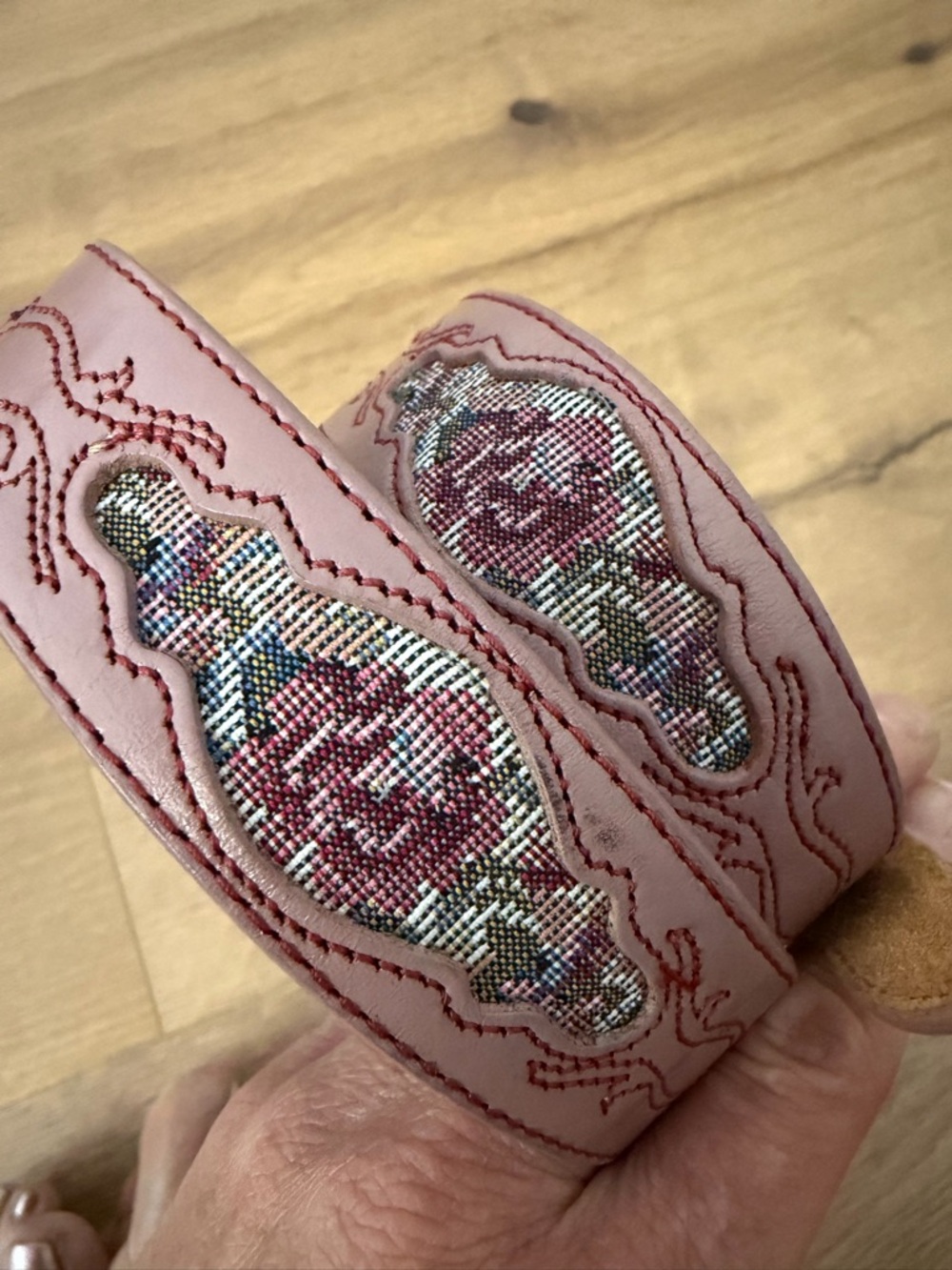 Silver Creek Vintage Pink Floral Embroidered Leather Belt with Decorative Inset